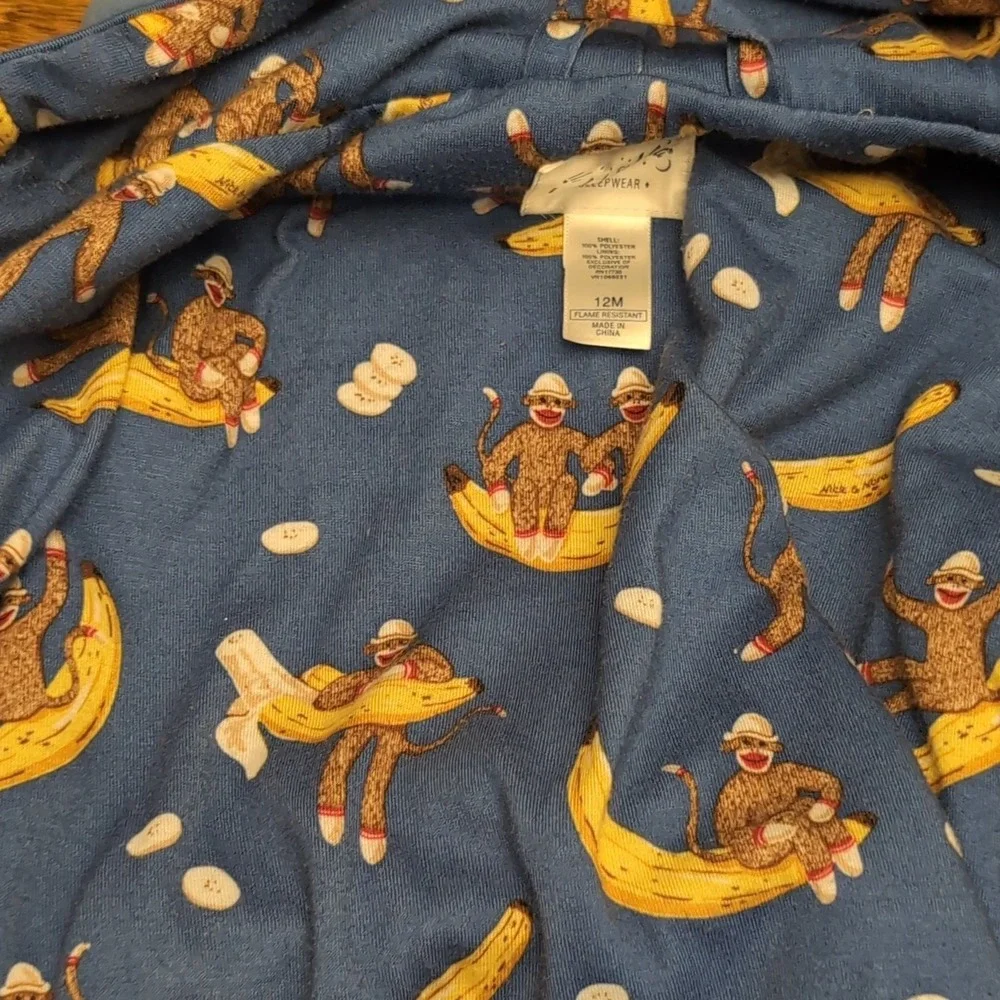 Nick & Nora Sock Monkey Banana Fleece Robe Hooded Blue 12M Baby Toddler
